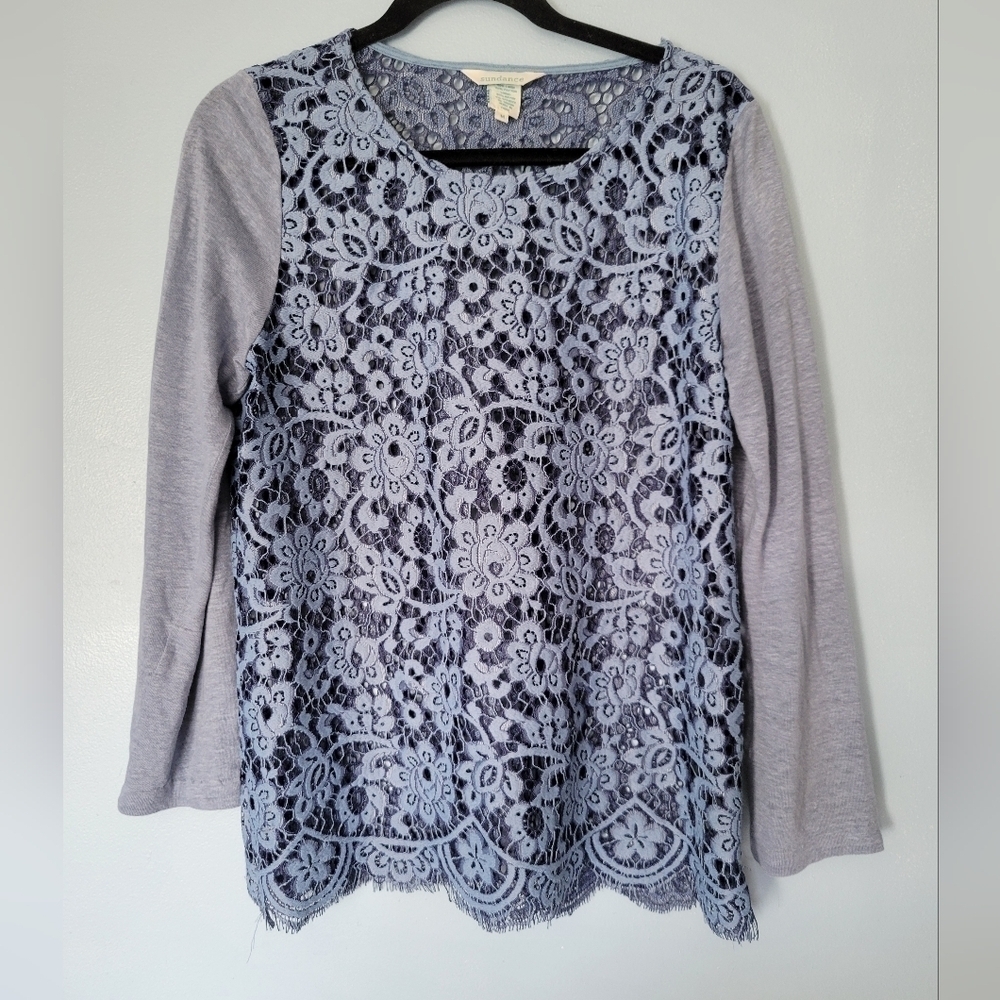 Sundance Linen Blend Lace Long Sleeve Top Blue M
